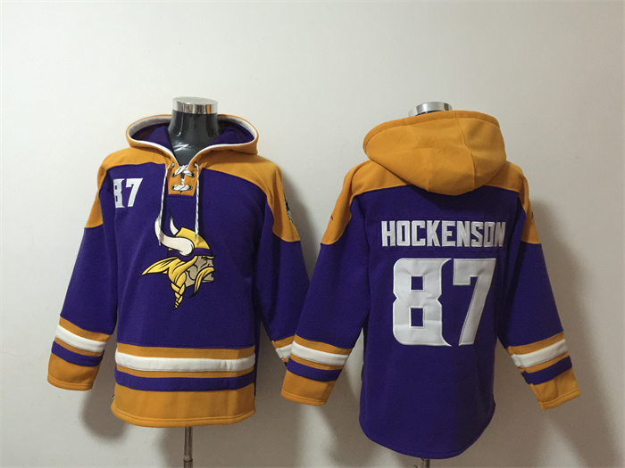 Men's Minnesota Vikings #87 T.J. Hockenson Purple/Yellow Ageless Must-Have Lace-Up Pullover Hoodie - Click Image to Close